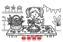 Black and White Girl Crafting Flower Wreath Illustration Product Image 1