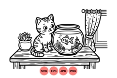 Line Art Cat With Fishbowl Clipart Design Product Image 1