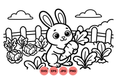 Cute Bunny Holding Carrot Black And White Clipart Product Image 1