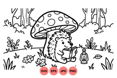 Cute Hedgehog Reading Under Mushroom Illustration Product Image 1