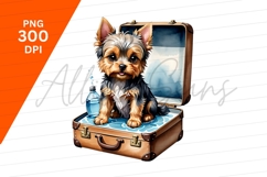 Yorkshire Terrier In Suitcase With Water Bottle Clipart Png Product Image 1