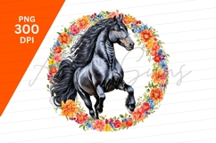 Black Horse Watercolor Floral Wreath Clipart Product Image 1