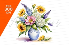 Floral Watercolor Bouquet In Blue Vase Clipart Png Product Image 1