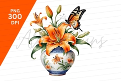 Orange Lilies In Vase With Butterfly Clipart Png Product Image 1