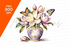 Magnolia Flowers In Vase With Butterflies PNG Product Image 1