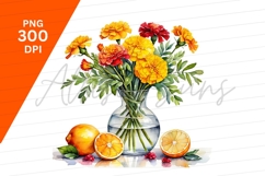 Marigolds In Vase With Citrus Fruits Clipart Png Product Image 1