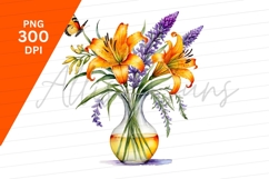 Watercolor Floral Arrangement With Lilies And Butterfly PNG Product Image 1