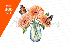 Watercolor Orange Gerbera Flowers With Butterflies Clipart Product Image 1