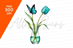 Turquoise Butterfly And Tulips In Glass Vase PNG Product Image 1