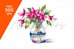 Watercolor Fuchsia Flowers Boat In Glass Vase PNG Product Image 1