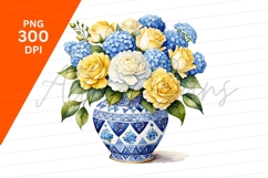 Watercolor Yellow Roses Blue Hydrangea Vase Clipart Product Image 1