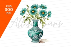 Watercolor Turquoise Daisies In Vase Clipart Png Product Image 1
