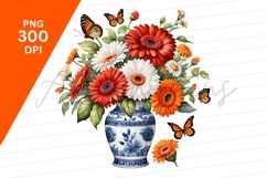 Gerbera Bouquet With Monarch Butterflies In Vase PNG Product Image 1