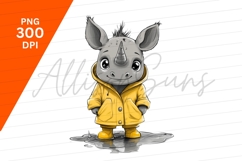 Rhino In Yellow Raincoat Standing In Puddle Product Image 1
