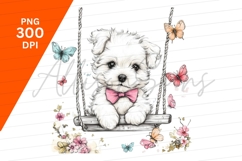 Cute Puppy On Swing With Butterflies Clipart Product Image 1