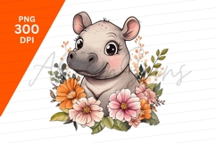 Cute Hippo Surrounded By Flowers Clipart Png Product Image 1