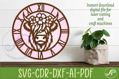 Floral Highland Cow Clock SVG, Farmhouse Cow Wall Clock Product Image 2
