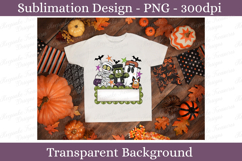 Cute customizable Halloween name plate featuring a mummy, Frankenstein monster, ghost wearing a spiderweb cap, candy bat, bats, colorful stars, and a blank sign for adding a personalized name. Perfect for sublimation, classroom décor, Halloween gifts, and
