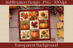 Set of four fall patchwork quilt-style coaster PNG designs featuring pumpkins, autumn leaves, sunflowers, and a whimsical scarecrow in warm farmhouse colors for sublimation and seasonal home décor.
