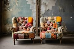 Vintage patchwork armchairs in rustic interior Product Image 1