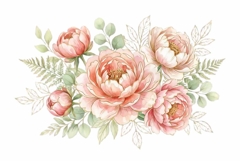 Watercolor soft peony bouquet with green leaves Product Image 1
