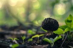 Black mushroom growing in forest with green plants surroundi Product Image 1