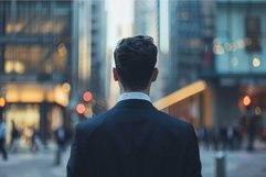 Businessman standing in front of cityscape at night Product Image 1