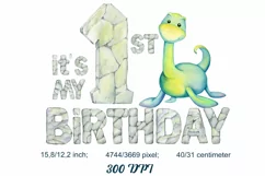 1st. Birthday dinosaur PNG. First Birthday Dino watercolour. Product Image 2