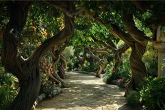Mystical pathway bordered by twisted trees in a lush, bloomi Product Image 1