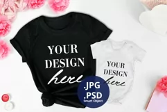 Valentine's day Black t-shirt & Baby bodysuit Mockup PSD Product Image 1