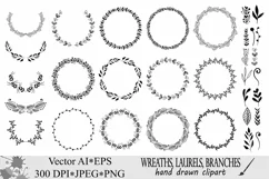 Wreaths Clipart, Hand drawn black design elements, Digital wreath, laurels, leaves and branches, Wedding clipart, Vector Product Image 1