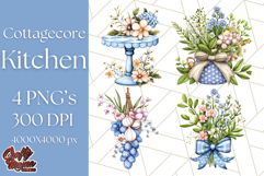 Blue Cottagecore Kitchen Clipart, Vintage Country Floral Png Product Image 1