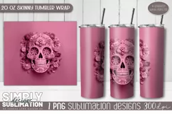 3D Floral Skull Sublimation Skinny Tumbler Wrap| 20oz | Png Product Image 1