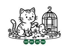 Hand Drawn Cat Feeding Bird SVG Clipart Design Product Image 1