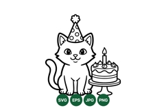 Hand Drawn Cat Birthday Illustration Clipart Product Image 1