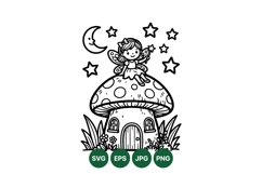 Whimsical Fairy Sitting On Mushroom House Clipart Product Image 1