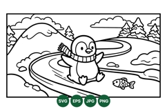 Cute Penguin Sliding On Frozen Winter Lake Illustration Product Image 1