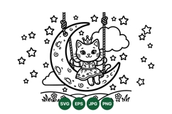 Hand Drawn Cat On Crescent Moon SVG Design Product Image 1