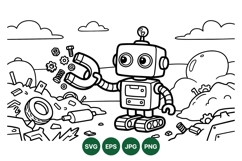 Black And White Retro Robot Line Art Illustration Product Image 1