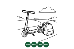 Black And White Kids Scooter And Backpack Illustration Product Image 1