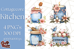 Blue Cottagecore Kitchen Clipart, Vintage Country Floral Png Product Image 1