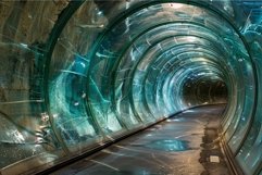 Long glass tunnel with nobody walking inside leading to a br Product Image 1