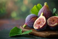 Ripe figs on wooden board with fresh leaves Product Image 1