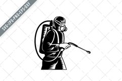 Pest Control Exterminator Spraying Side Retro Woodcut SVG Product Image 1