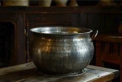 Antique metal pot sitting on rustic wooden table in workshop Product Image 1