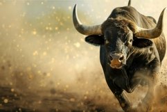 Majestic bull in dynamic dust cloud at sunset Product Image 1