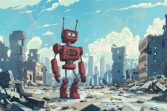 Red robot standing in ruins of city with modern skyline in b Product Image 1