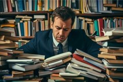 Overwhelmed businessman surrounded by stacks of paperwork Product Image 1