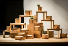 Modern wooden display shelves with plants Product Image 1