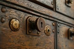 Close up of old wooden cabinet with brass keyhole and knobs Product Image 1